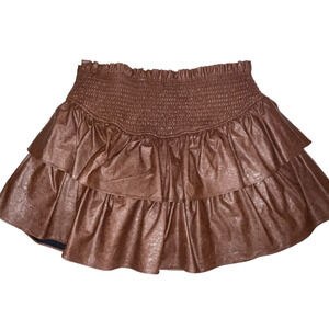 Brown Pleather Ruffled Mini Skirt Smocked Shorts Attached Underneath Sz Large